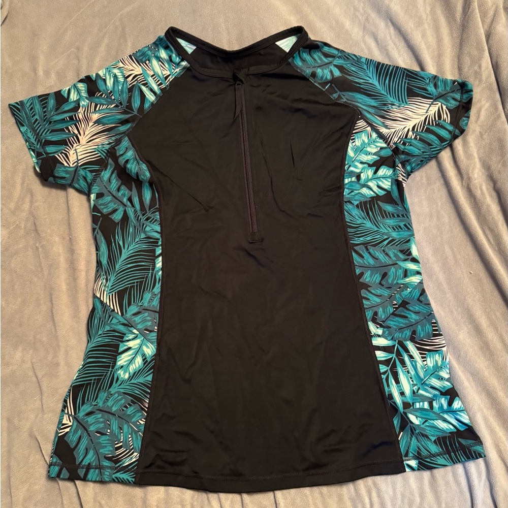 Women's Black and Green Leaf Print Swim Top